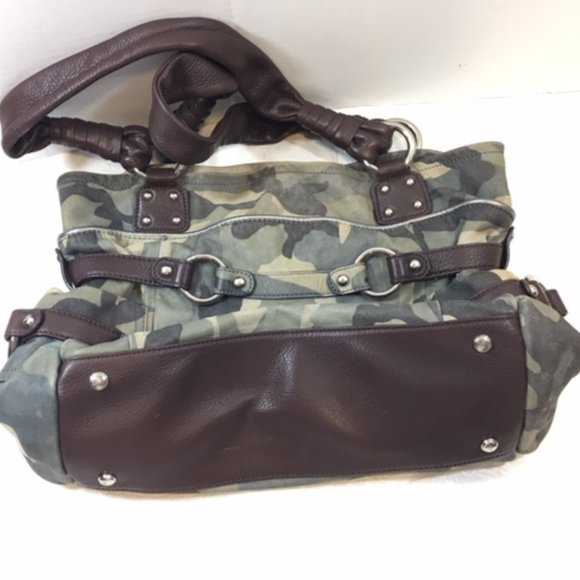 B Makowsky Kimberly Camo Green Brown Leather Shoulder Bag Hobo Large - Picture 3 of 16